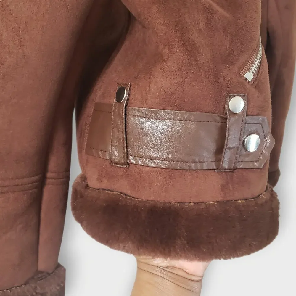 NWT Maurices Faux Suede + Fur Moto Jacket Brown Asymmetrical Zip Sz Lg Bikercore